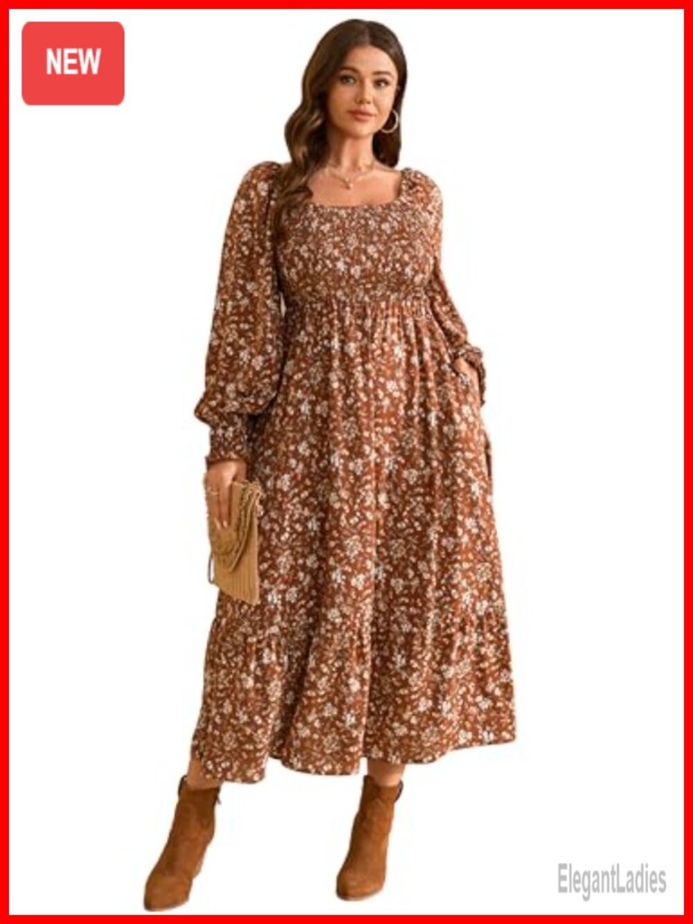 Plus Size Long Sleeve Smocked Boho Floral Maxi Dress